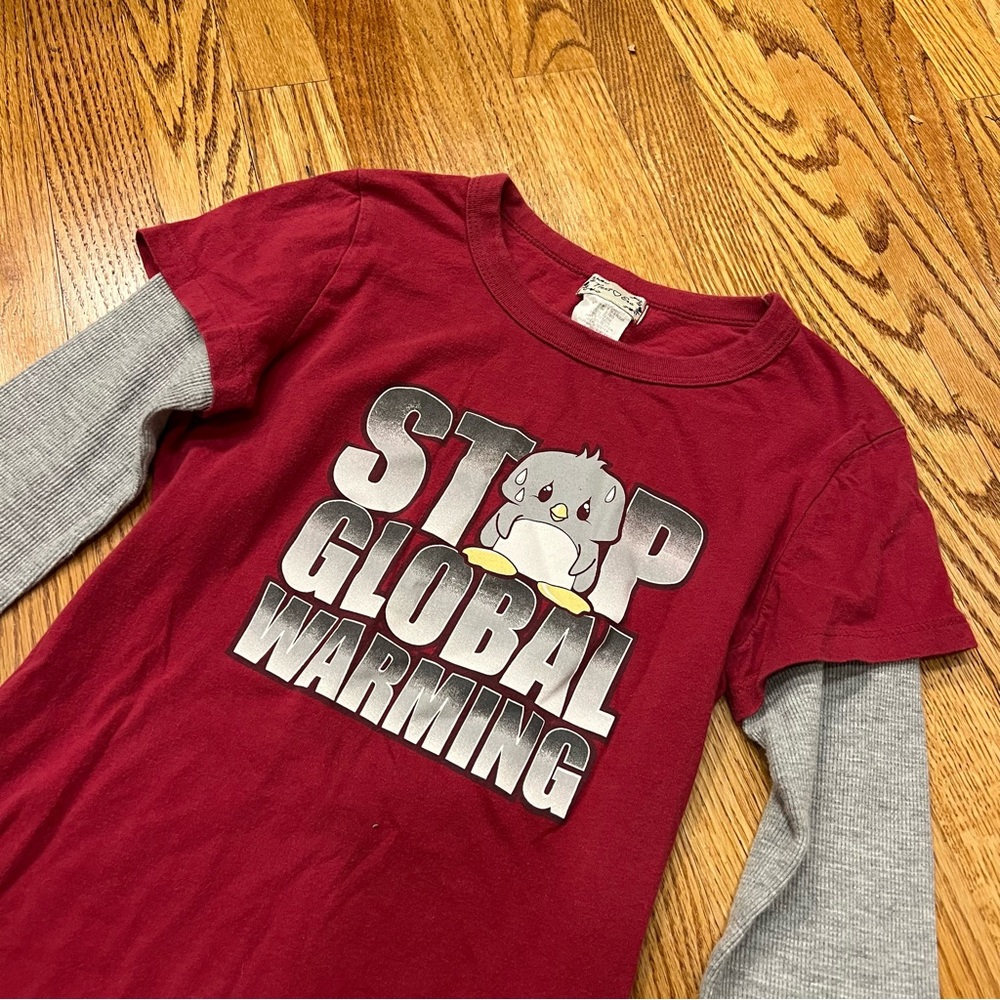 Vintage Y2K Stop Global Warming Graphic Tee Layered Longsleev Political Activism